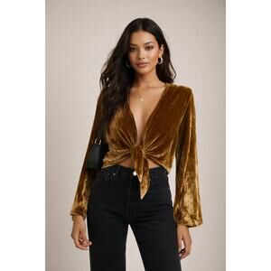 Reformation Fez Wrap Top in golden silk-blend velvet Size XS